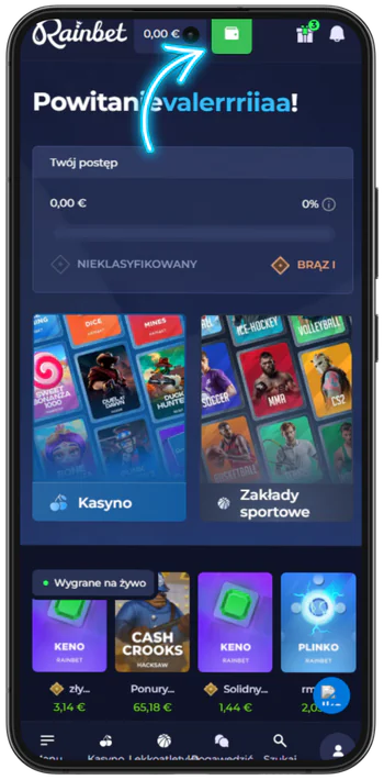 Rainbet panel powitalny po aktywacji konta